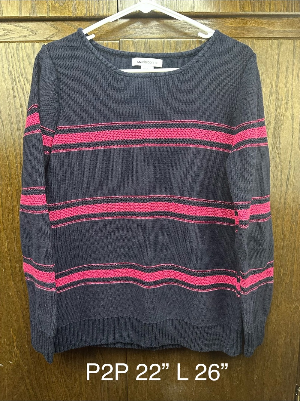 Liz Claiborne Navy and Pink Striped Crewneck Sweater